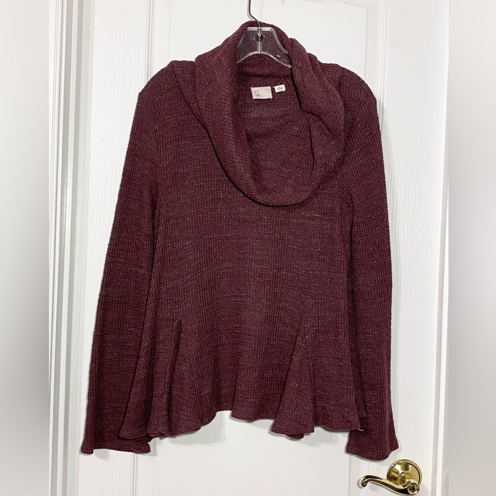 Anthro Postmark Peplum Style Cowl Neck Waffle Knit Top Maroon Red Size Small